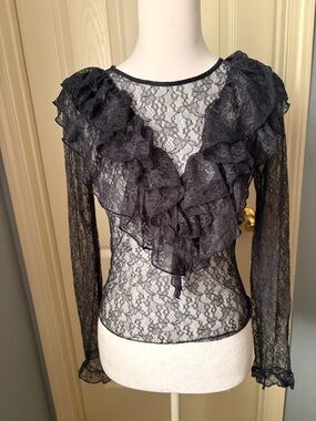 Zara Navy Blue Lace Ruffle Long-Sleeve Blouse